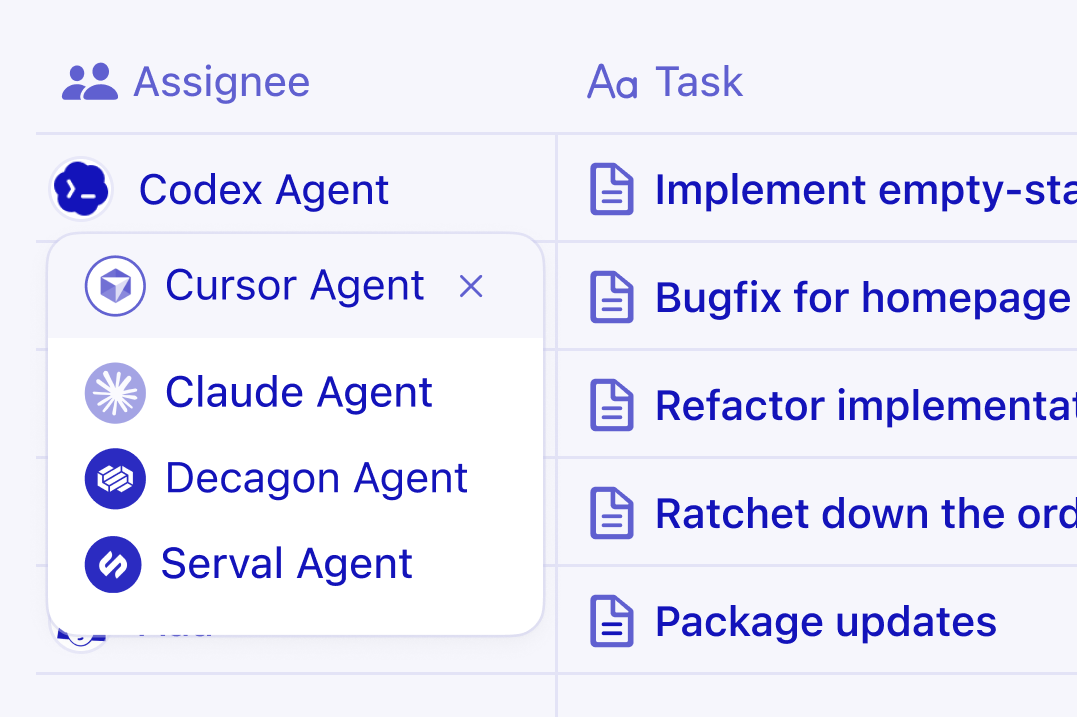 Base de datos de Notion con una lista de tareas. Una de las tareas se asigna a un agente de programación externo.