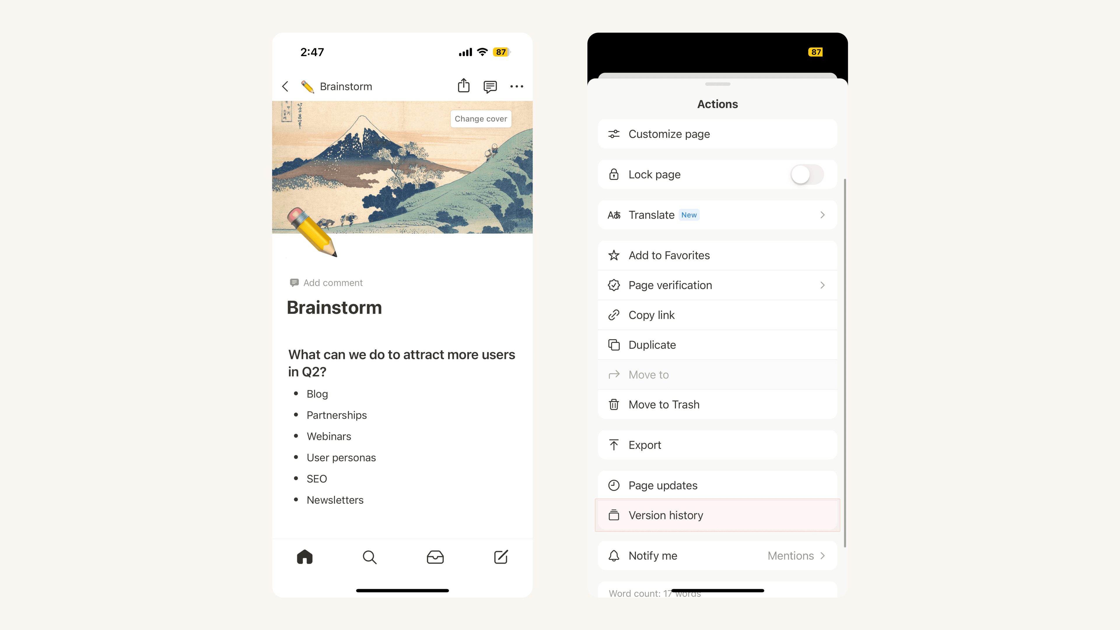 Page history mobile