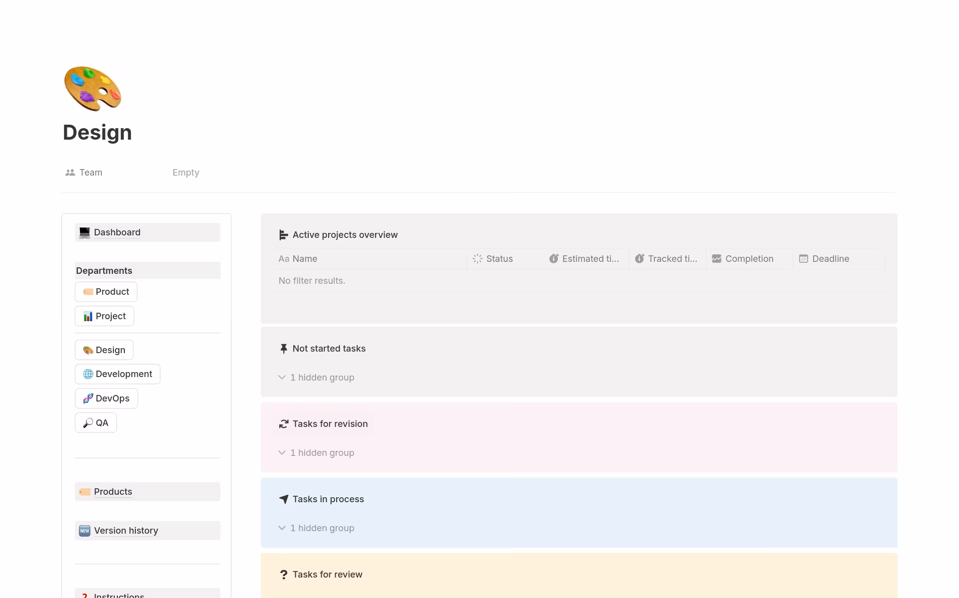 Notion’s software project dashboard, which shows tasks by status to support iterative delivery and continuous feedback