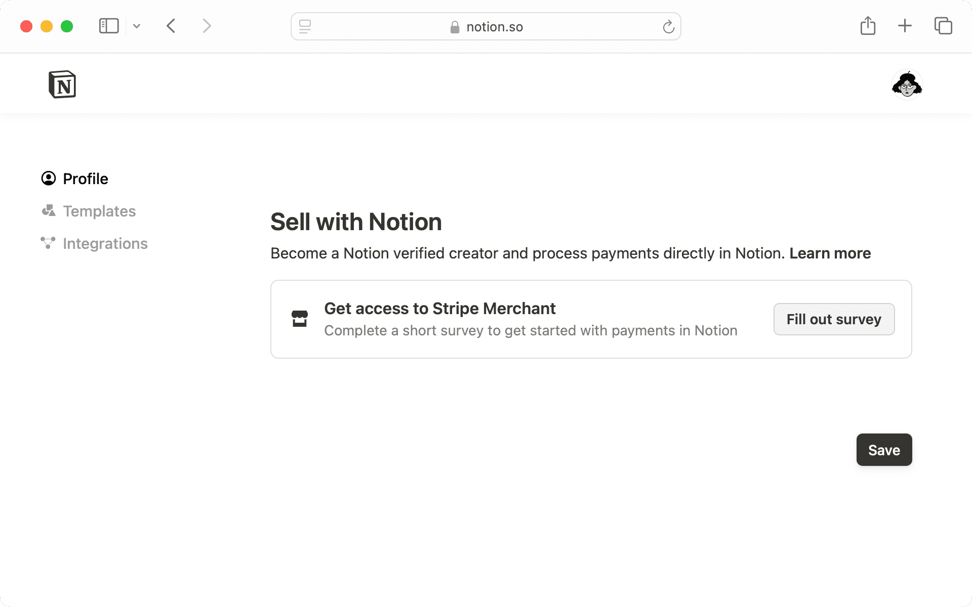 Notion을 통해 판매하려면 설문 조사를 완료하여 Stripe Merchant에 대한 사용 권한을 확보하세요.