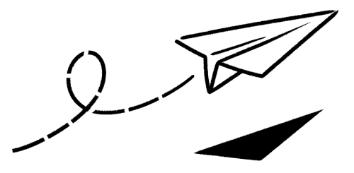 Ilustración en blanco y negro minimalista de un avión de papel volando.