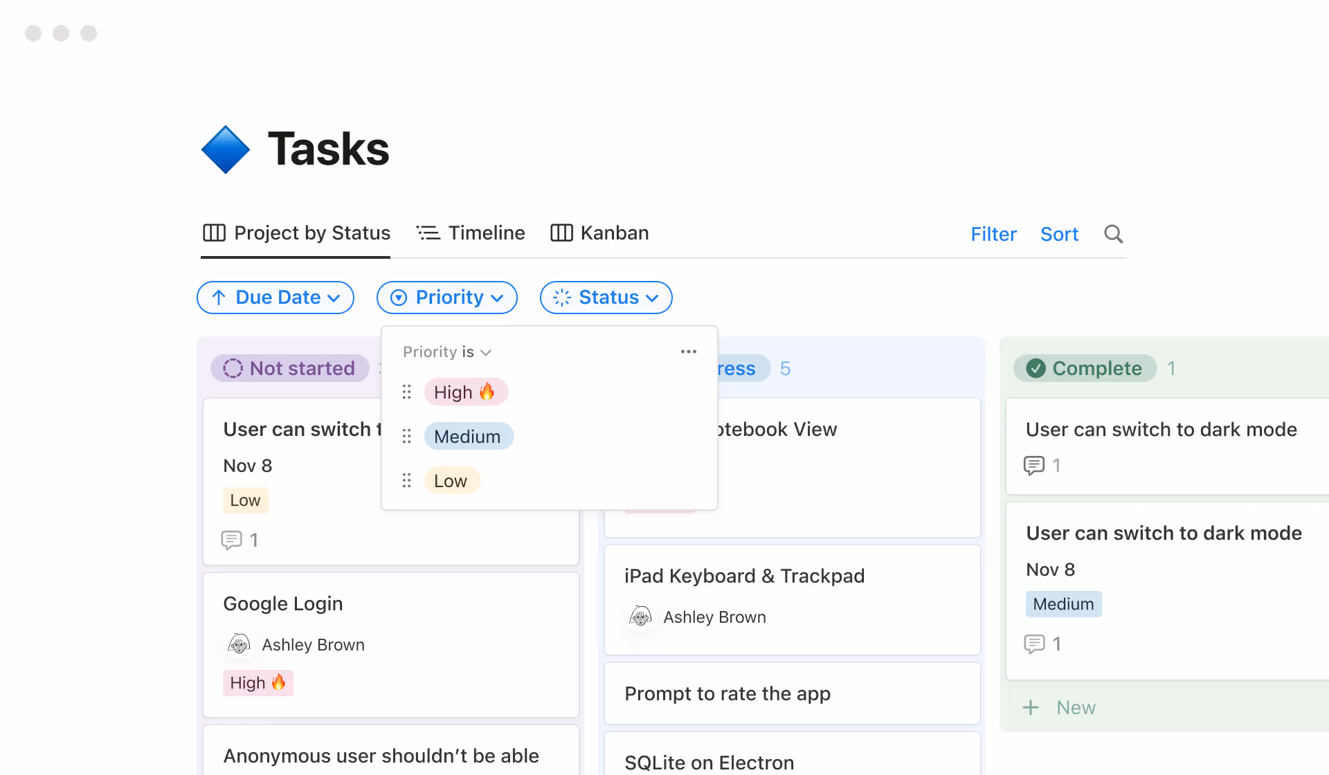 Vista kanban filtrada