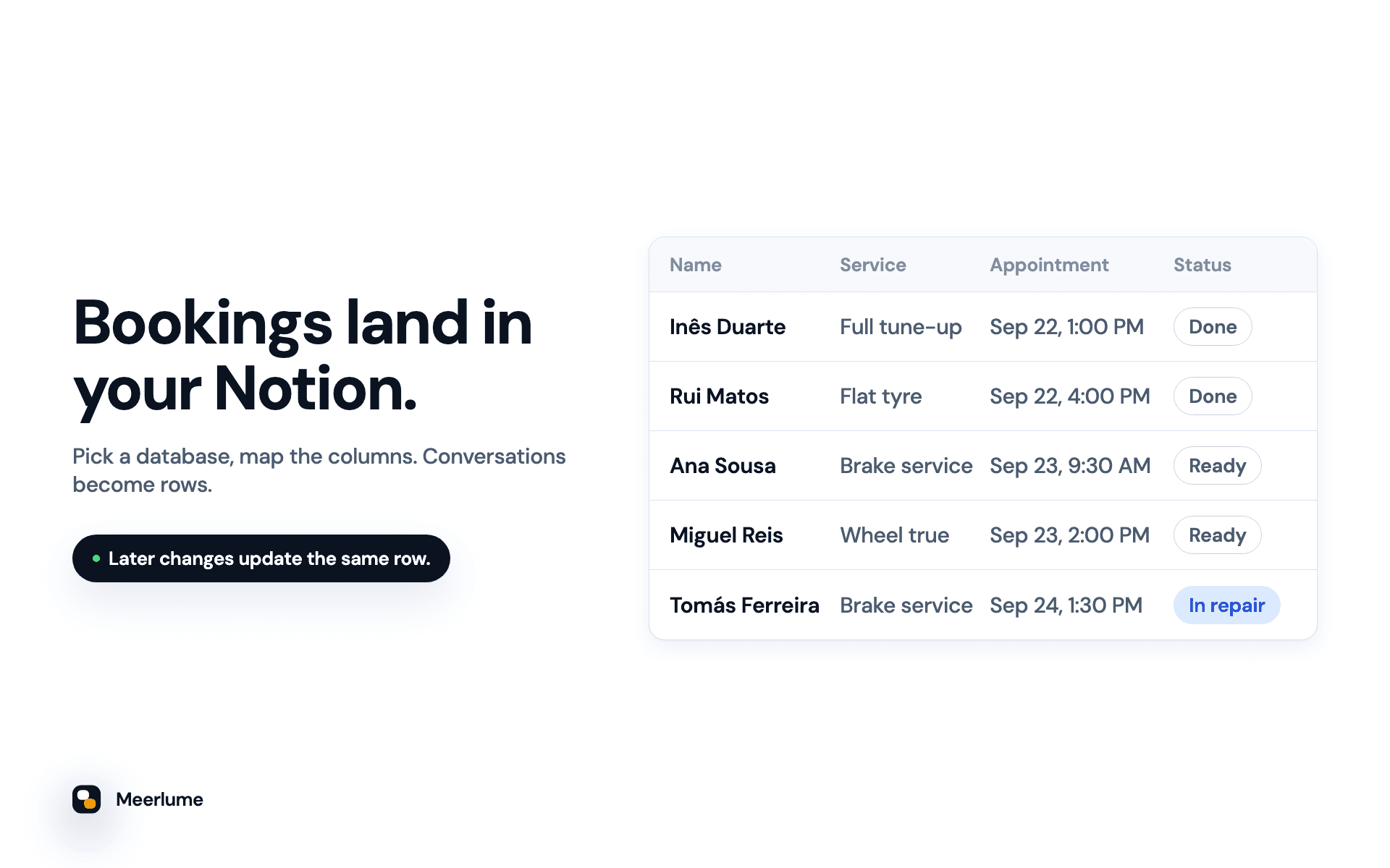 Turn every chat booking, lead or order into a row in your Notion database.