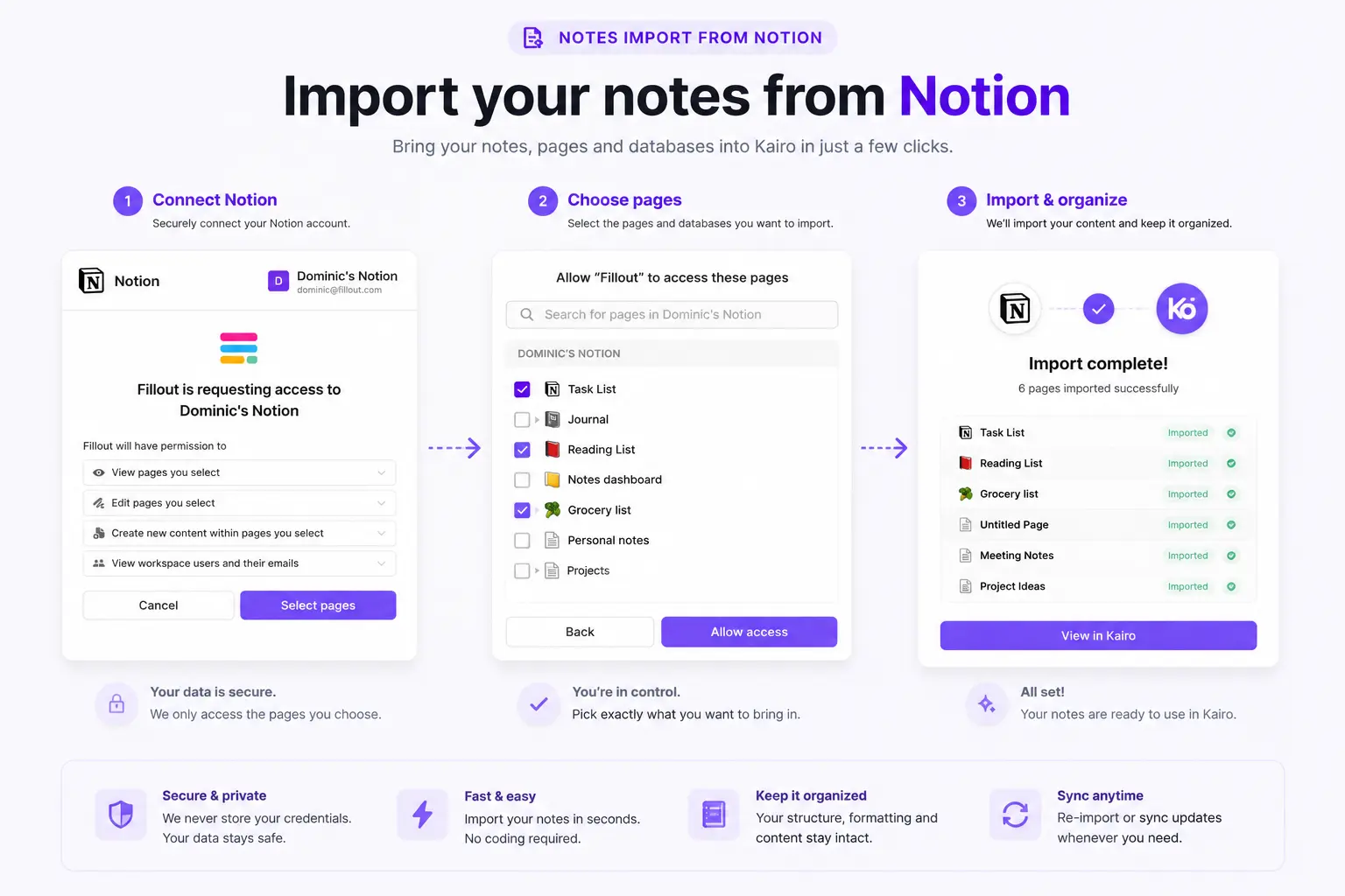 Import your Notion pages into Kairo and keep all your notes, tasks, and meetings in one place.