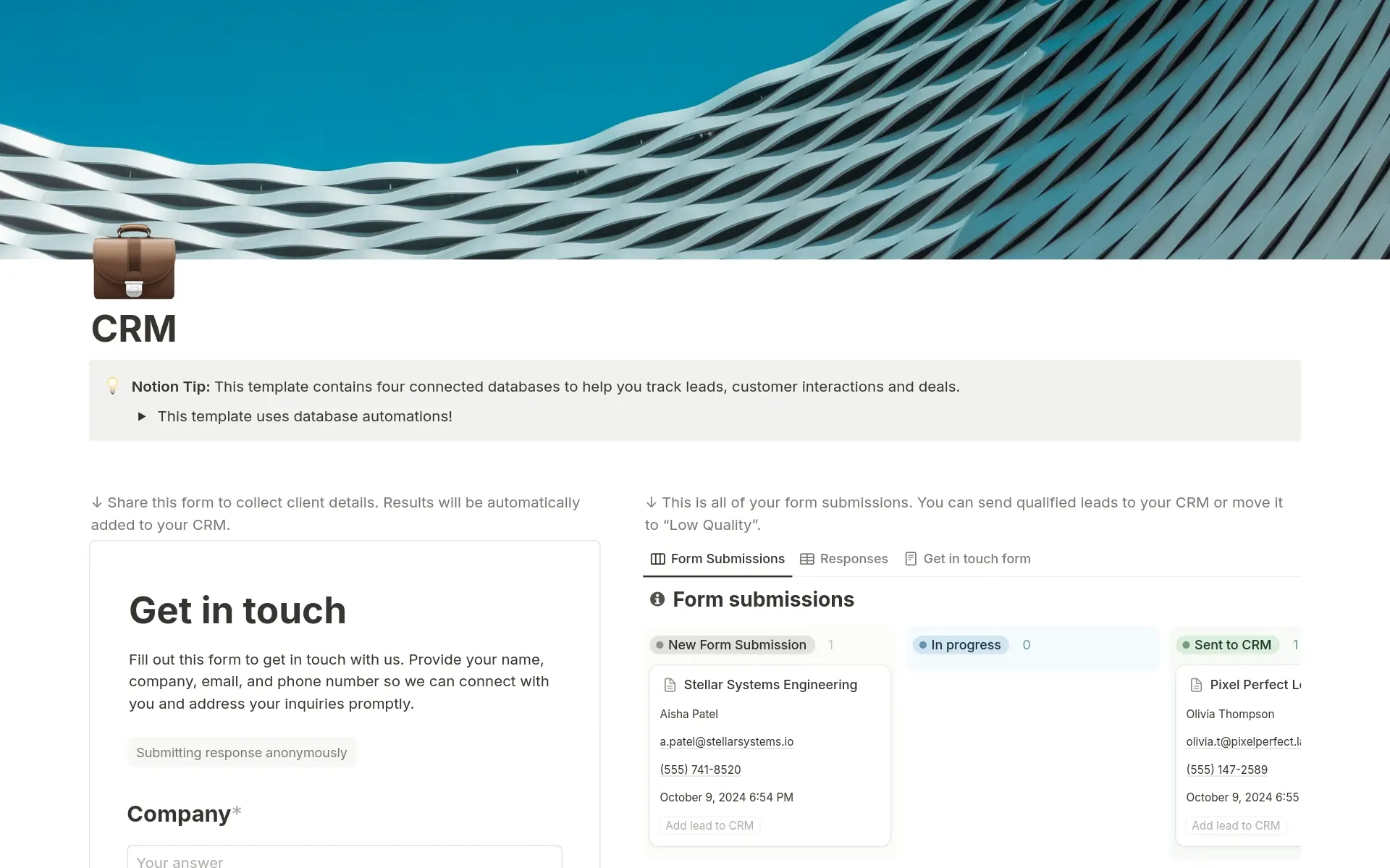 ตัวอย่างเทมเพลตสำหรับ CRM Lead Form